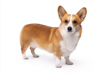 Corgi stands on white background looking at the camera with a curious expression during indoor photo session