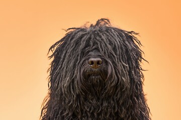 Puli Dog with long hair stands in front of an orange background during a sunny day in a park