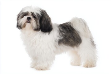 Cute Shih_Tzu dog standing on a white background with a fluffy coat and a curious expression during a photo session in a studio