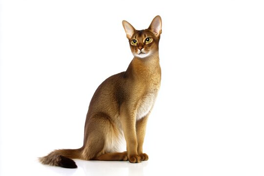 Elegant Sokoke cat poses gracefully on a bright white background showcasing its sleek fur and alert expression in soft lighting