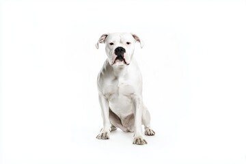 Fototapeta premium White american bulldog dog sits on a white background with a focused expression and an upright posture during indoor photoshoot