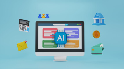 3D Illustration of AI Processor in Fintech and Digital Banking, Artificial Intelligence Chip Concept with Financial Dashboard, Team Users, Calculator, Bank Building, Credit Card, 