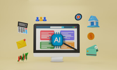 3D Illustration of AI-Powered Fintech Precision and Digital Banking Analysis, Artificial Intelligence Chip Under Magnifying Glass with Financial Dashboard