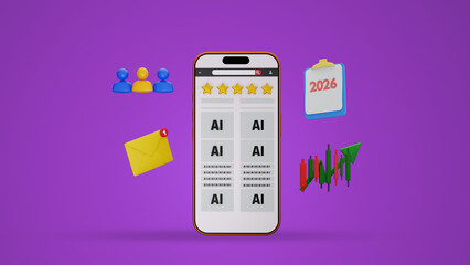 3D Rendered Mobile AI Dashboard with Rating Stars, Notification, Gold Coin, Bank Building and Stock Chart, Fintech Innovation and Digital Investment Concept Illustration on Purple Background