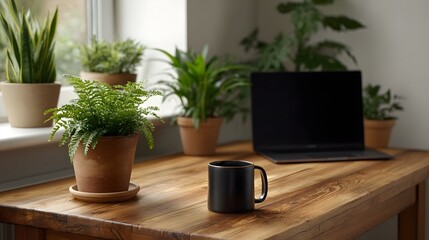 A laptop and coffee mug sit on a wooden desk surrounded by lush green plants in a bright natural home office