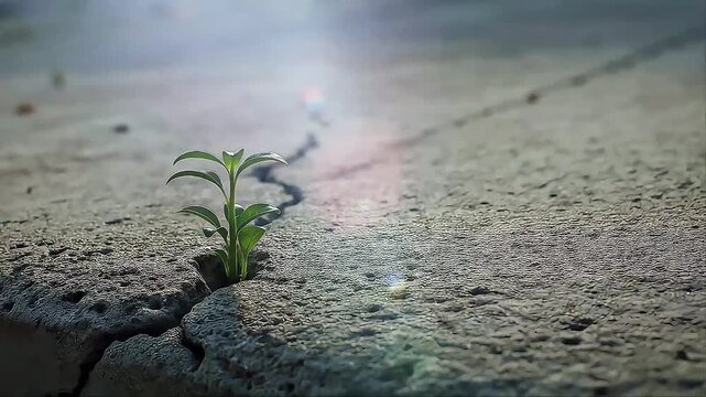 Small Plant Growing Through Dry Cracked Ground.