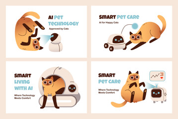 Smart Pet Care AI Technology banner templates set. Pet gadget with robotic assistant. Smart home pet technology concept for automation, analytics, and digital lifestyle marketing.