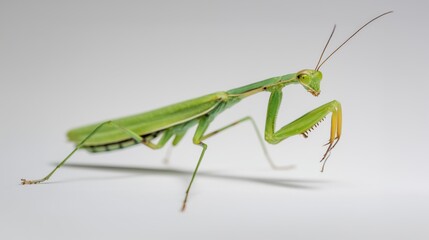 Green praying mantis isolated on white background, macro insect