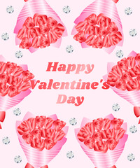 Illustration of a bouquet of roses on a light pink background.