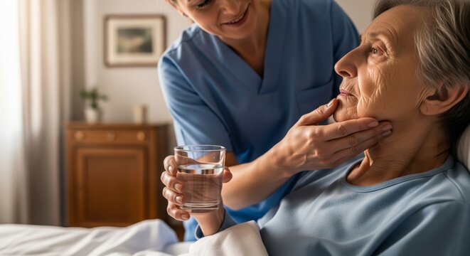 Nurse assisting elderly woman with chin tuck swallowing technique in bed