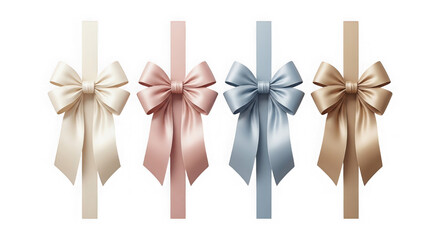 Four colorful satin ribbons with elegant bows isolated on transparent background