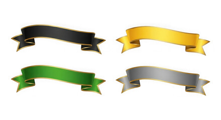 Four colorful ribbons in black, gold, green, and silver isolated on transparent background