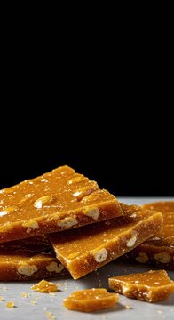 Handmade brittle toffee pieces, fractured and glistening, showcasing the rich golden color achieved through careful caramelization and butter ,caramelization ,closeup view ,fractured