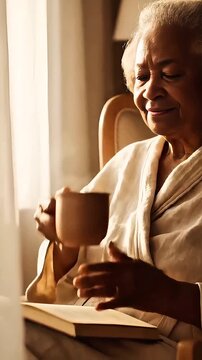 Elderly Woman Enjoying Coffee and Reading.