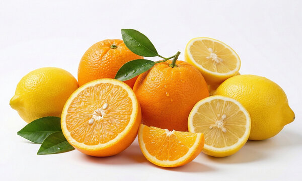 Bodeg&oacute;n de c&iacute;tricos frescos: naranjas y limones enteros y cortados aislados sobre fondo blanco naranjas y limones del mediterr&aacute;neo