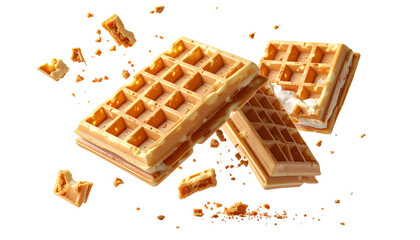 Three layered, square waffles, with light-colored filling, and waffle crumbs