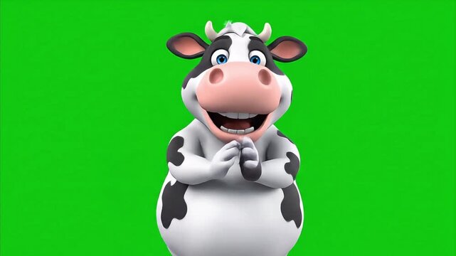 Happy cartoon cow with clasped hands on a green screen background, an endearing farm animal illustration