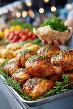  Muslos de pollo asados y brillantes se presentan en una bandeja en un mercado interior con frutas al fondo.