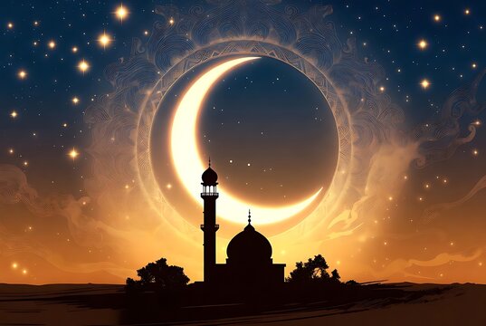 Artistic Glowing Crescent Moon with Mosque Silhouette and Ornaments