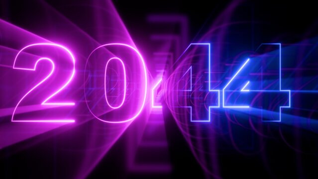 Neon number 2044, futuristic purple and blue glowing abstract background, cyberpunk style 3d rendering, future year concept