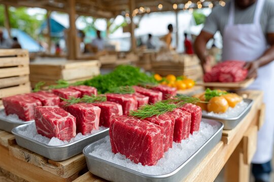  Cubos de at&uacute;n rojo se exhiben sobre hielo en una bandeja met&aacute;lica en un mercado exterior bajo un toldo.
