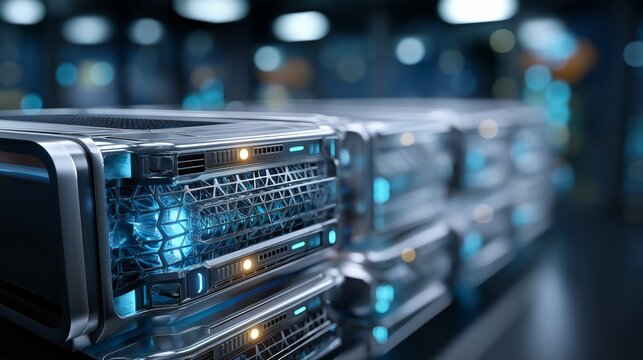 A row of servers with blue lights on them