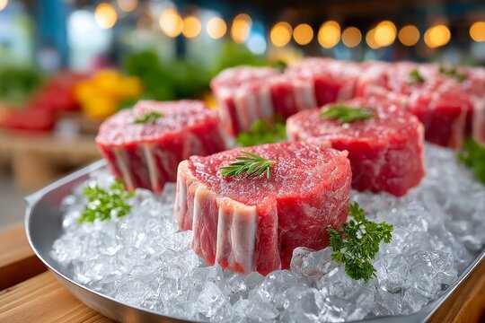 Cortes gruesos de carne roja marmoleada colocados sobre hielo en mostrador gastron&oacute;mico.