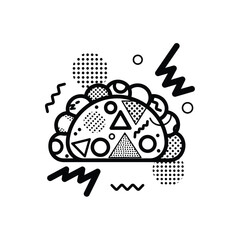 Abstract Memphis style taco filled with ingredients geometric patterns and shapes