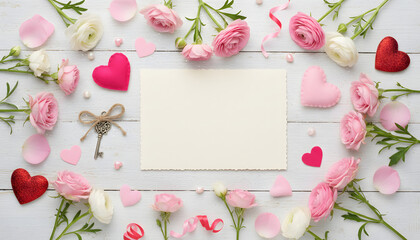 Romantic Pink Valentine Card Setup With Hearts, Flowers, Pearls, And A Pink Pen For Love Notes