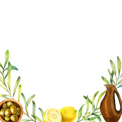 Hand drawn watercolor square frame with lemons and green olives isolated on a white background.