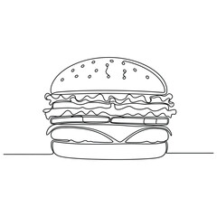 Single continuous line drawing of a large hamburger with cheese lettuce and tomato