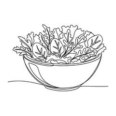 Single line drawing of a fresh salad bowl filled with mixed leafy green vegetables