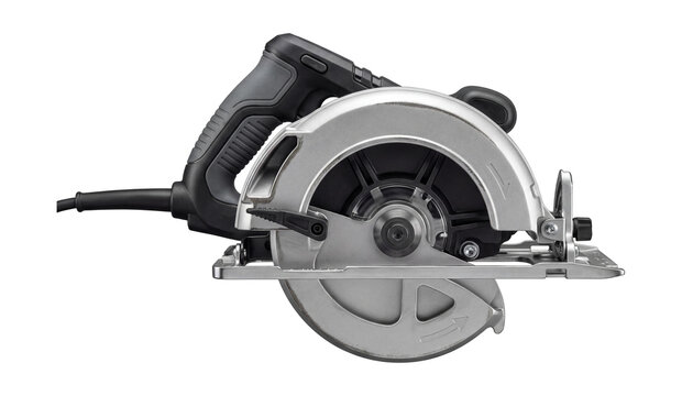 Corded circular saw with a pivoting shoe.