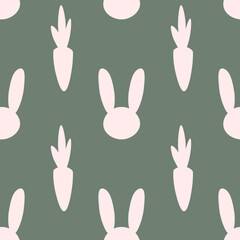 Fototapeta premium Seamless minimalist vector pattern of light pink bunny head and carrot silhouettes on a dark dusty green background. Modern Easter design for textiles and seasonal decor.