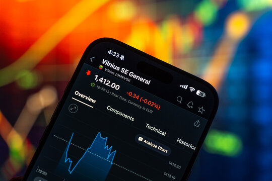 Nasdaq Vilnius or Vilnius Stock Exchange Corporation logo is displayed on the screen of a smartphone, in Bangalore, India, on February 12, 2026