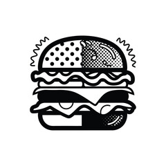 Black and white illustration of a stylized hamburger with decorative elements