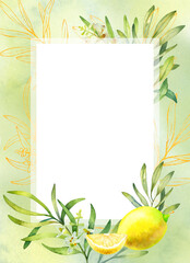 Watercolor frame with lemons and olive leaves in luxury design with a white background.