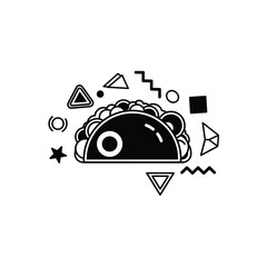 Black and white taco with geometric shapes around it on white background