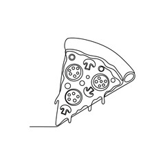 Continuous line drawing of a slice of pizza with melted cheese and toppings