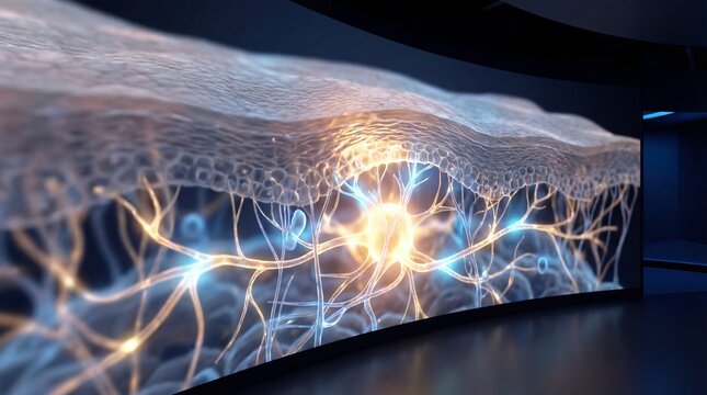 Cross section skin structure nerve cell glowing deep dermis light penetration smooth skin waves medical science illustration