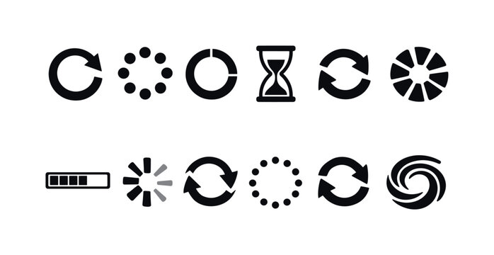 Collection of loading icons and spinners representing waiting and progress indicators