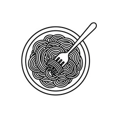 Black and white illustration of spaghetti in bowl with fork  simple food icon
