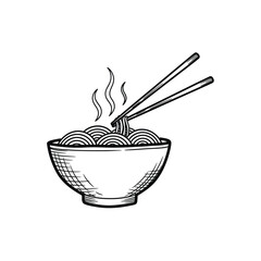 Black and white illustration of bowl of noodles with chopsticks on white background