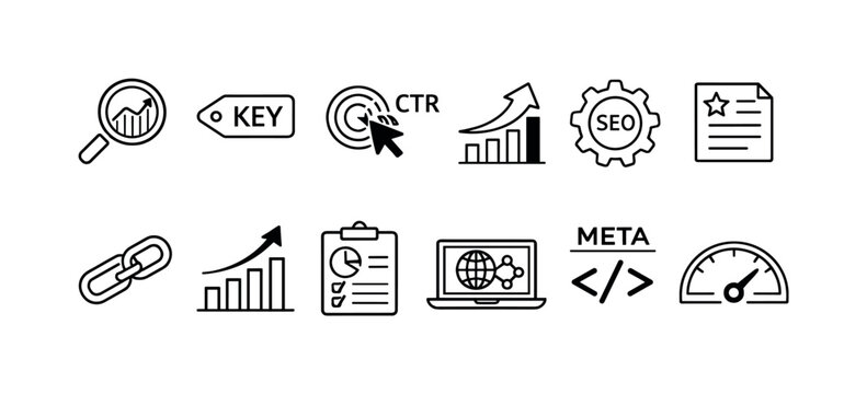 Collection of SEO icons representing search engine optimization and digital marketing strategies