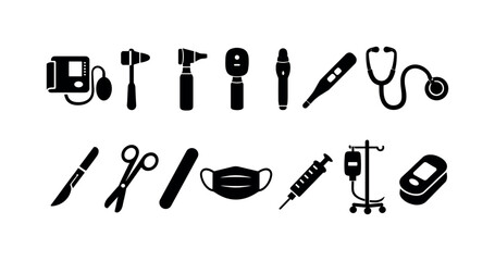 Fototapeta premium Collection of medical instruments and healthcare equipment icons on a white background