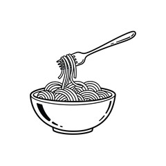 Black and white illustration of fork with noodles in bowl