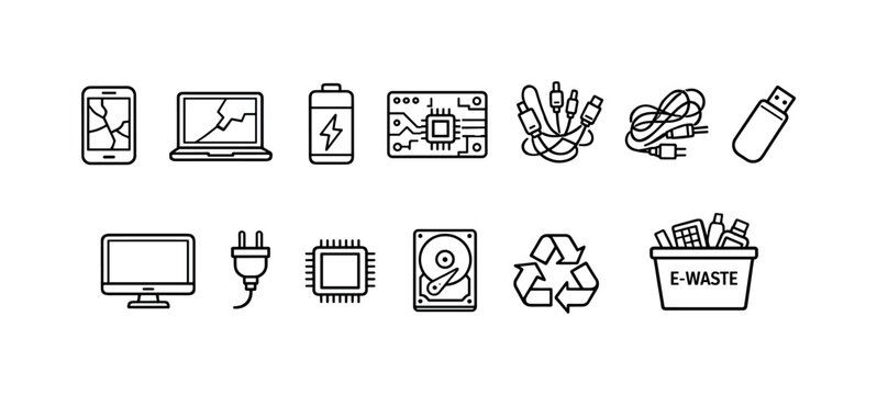 Collection of electronic waste icons representing broken devices and recycling symbols