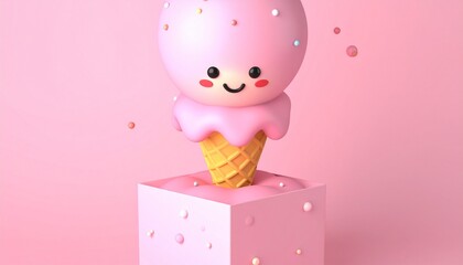 Adorable Pink Ice Cream Cone Character on a Pink Cube.