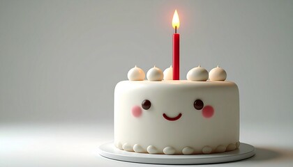 Adorable Birthday Cake with Smiling Face and Lit Candle.