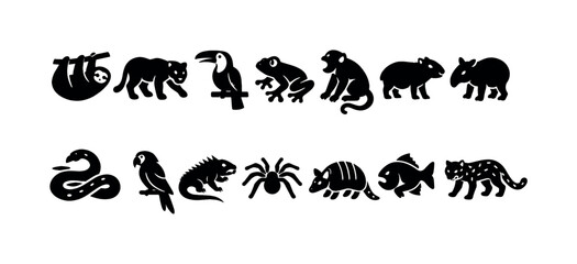 Naklejka premium Collection of diverse South American jungle animals in silhouette, perfect for educational content